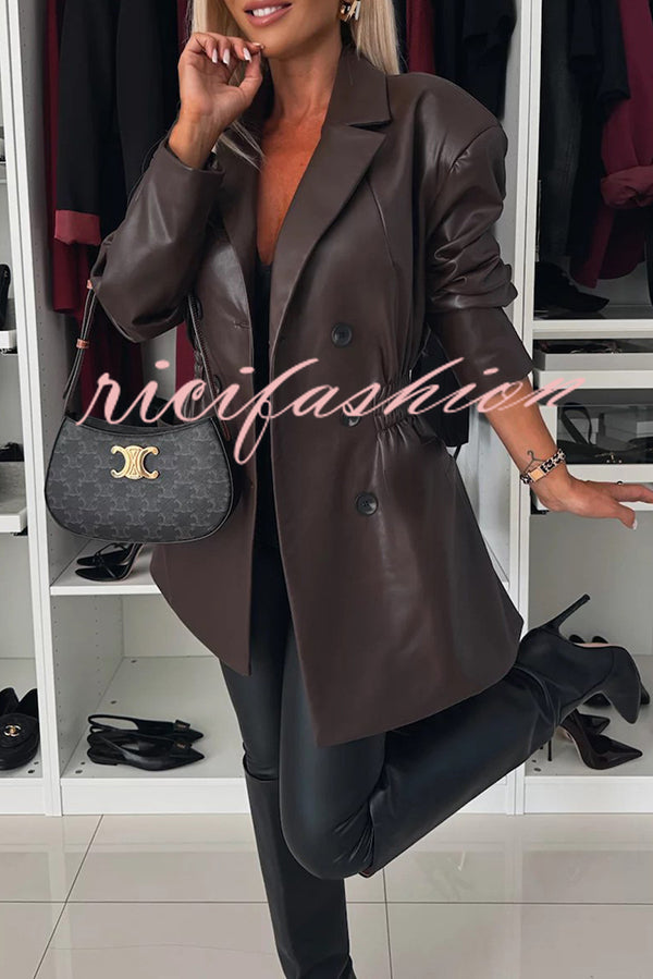 Fashionable Items Faux Leather Button Up Elastic Waistband Lapel Blazer