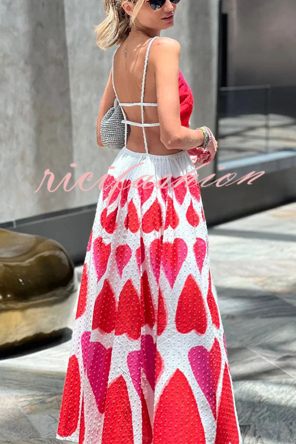 Full of Love Heart Shape Print Cutout Spaghetti Strap Backless Maxi Dress