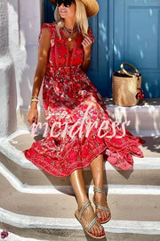 Summer in Greece Boho Print Ruffle Sleeve Elastic Waist High-low Midi Dress