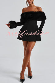 Cute and Luxe Faux Fur Trim Off Shoulder Bubble Shaped Mini Dress