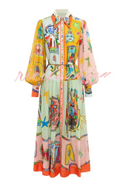 Set for Vacay Unique Print Colorblock Balloon Sleeve Belt Shirt Midi Dress