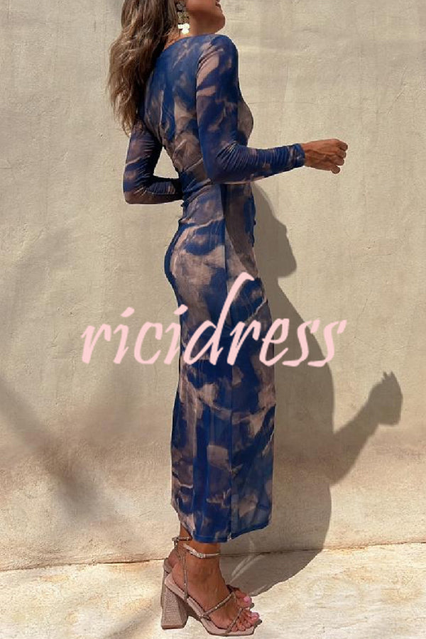 Charm Lady Mesh Overlay Tie Dye Print Long Sleeve Ruched Stretch Midi Dress