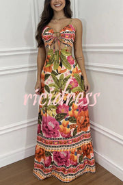 Mexico Style Tropical Print Ring Cutout Lace-up Vacation Maxi Dress