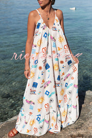 Marisol Linen Blend Unique Print A-line Slip Loose Maxi Dress