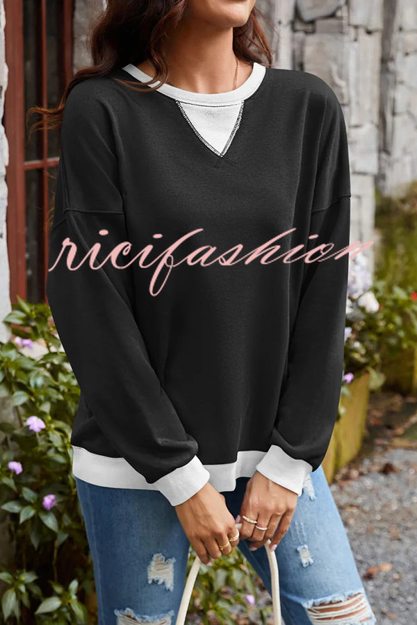 Fashionable Contrasting Color Loose Long-sleeved Casual Sweatshirt