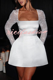 Like A Doll Sequin Long Sleeve Satin Pocketed Bubble Shape Mini Dress