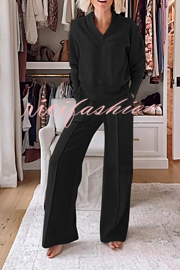 Weather Gets Cold Solid Color V-neck Top and Elastic Waist Pocketed Lounge Pants Set