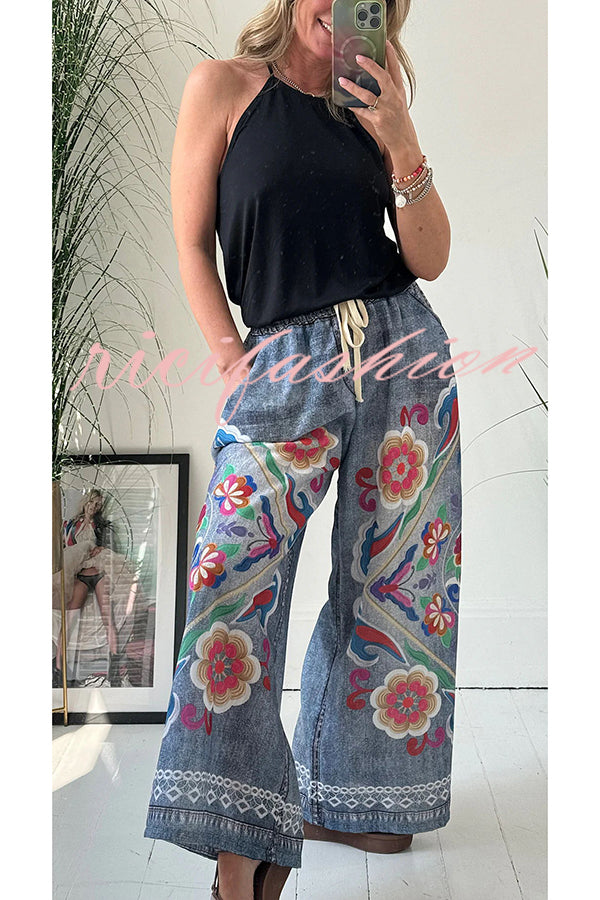 Hippie Style Unique Floral Denim Print Elastic Waist Pocketed Wide Leg Pants