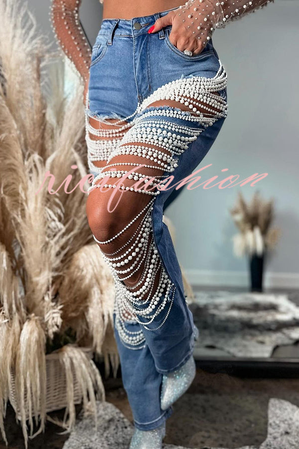 Stylish Multi-layered Pearl Chain Ripped Pocket Straight Jeans