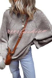 Knitted Striped Round Neck Dolman Sleeve Casual Loose Sweater