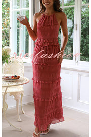 Feel Chic and Romantic Sequin Textured Material Drawstring Waist Tiered Maxi Skirt