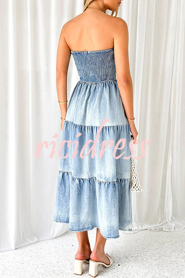 Asmn Off Shoulder Pleated Pocket Paneled Denim Maxi Dress