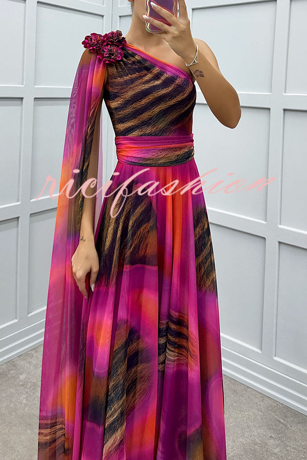 Lucia Unique Print Floral Detail One Shoulder Draped Sleeve Gown Maxi Dress