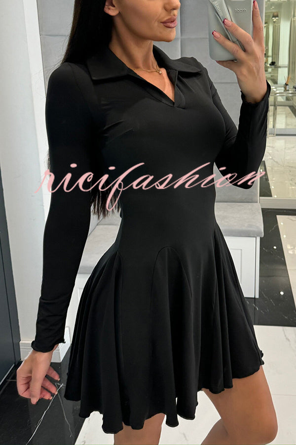 Solid Color Lapel Long Sleeve Slim Fit Waist Mini Dress