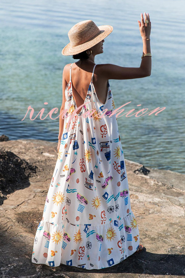 Marisol Linen Blend Unique Print A-line Slip Loose Maxi Dress