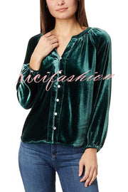 Solid Color Velvet V-neck Long-sleeved Shirt