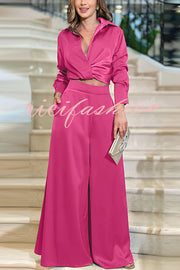 Satin Solid Color Lapel Long Sleeve Blouse and Loose-fitting Pocket Wide Leg Pants Set