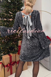 Velvet Sequin Back Bow Bell Sleeves Loose Mini Dress