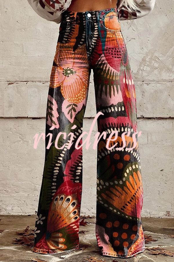 Beautiful Unique Print Button Pocket Wide Leg Pants