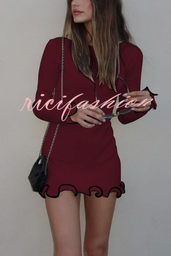 Fashionable Rolled Hem Round Neck Long Sleeve Slim Fit Mini Dress