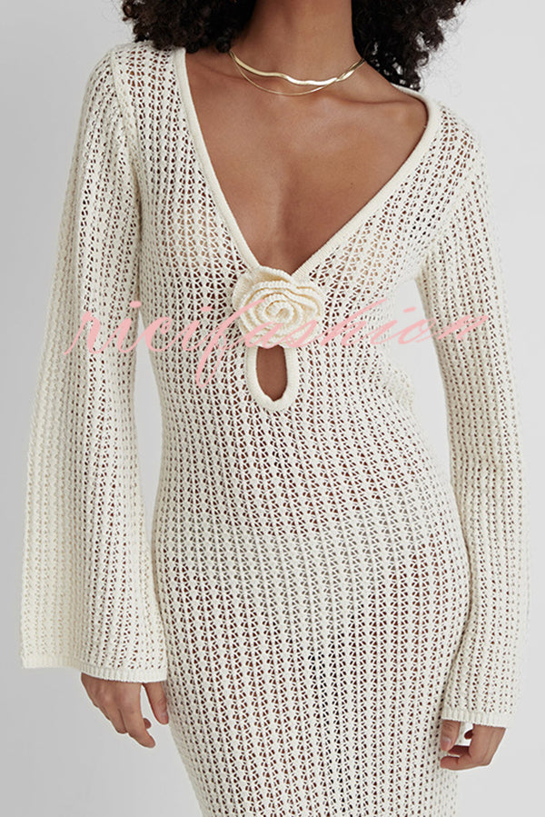 Bahamas Knit Long Bell Sleeve Sexy Backless Holiday Cover-up Maxi Dress