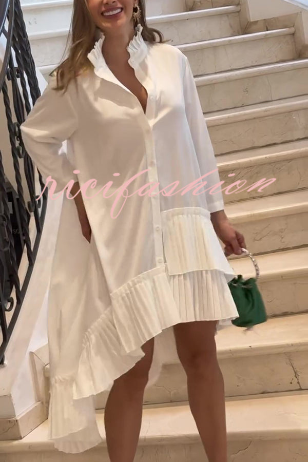 Solid Color Palace Style Loose Irregular Pleated Hem Mini Dress