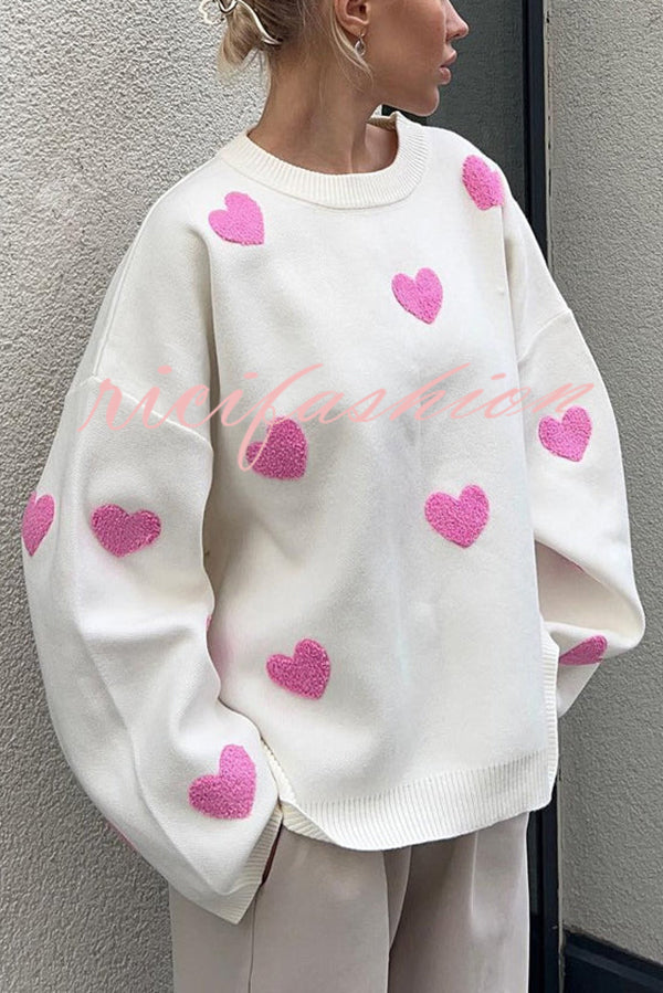 Fashionable Embroidered Love Loose Round Neck Long Sleeve Knitted Sweater