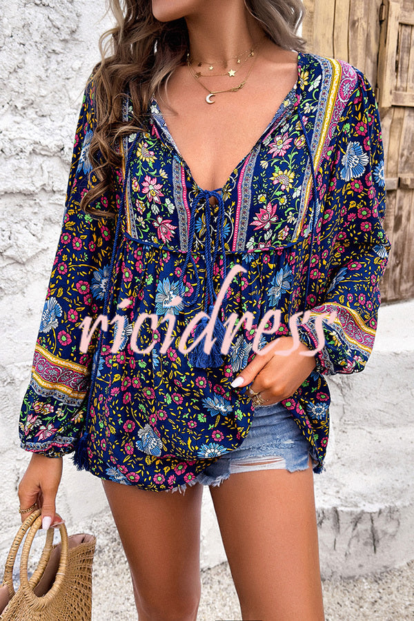 Intricate Floral Print V Neck Lace Up Paneled Long Sleeve Shirt