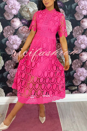 Elegant Crocheted Cutout Lace Short-sleeved Stand-collar Midi Dress