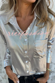 Holiday Look Solid Metallic Loose Pocket Button-down Blouse