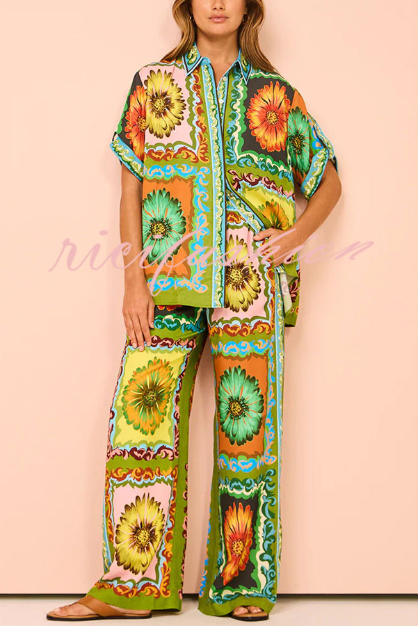 Disco Daisy Unique Printed Colorblock Elastic Waist Pocket Pants Set