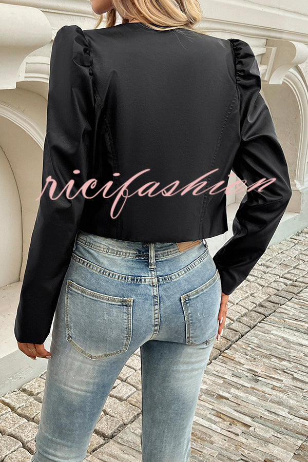 Yelissa Faux Leather Statement Long Sleeve Open Front Crop Jacket