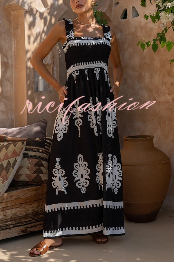 National Boho Style Unique Print Smocked Bust Wide Strap Pocket Maxi Dress