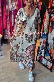 Fashion Printed V-neck Short-sleeved Casual Loose Maxi Dress