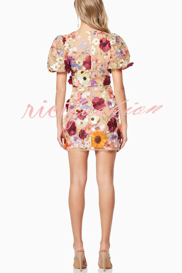 Garden Gala Embroidered Floral Applique Puff Sleeve Mini Dress