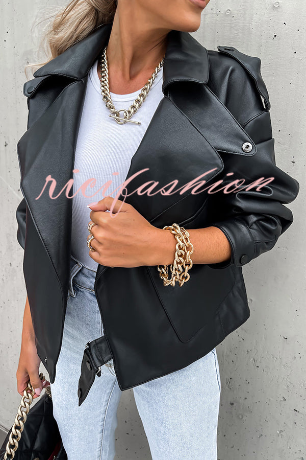 Stylish Leather Lapel Pocket British Style Cropped Jacket