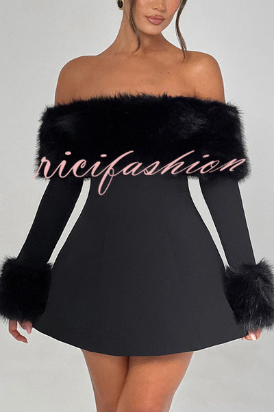 Cute and Luxe Faux Fur Trim Off Shoulder Bubble Shaped Mini Dress