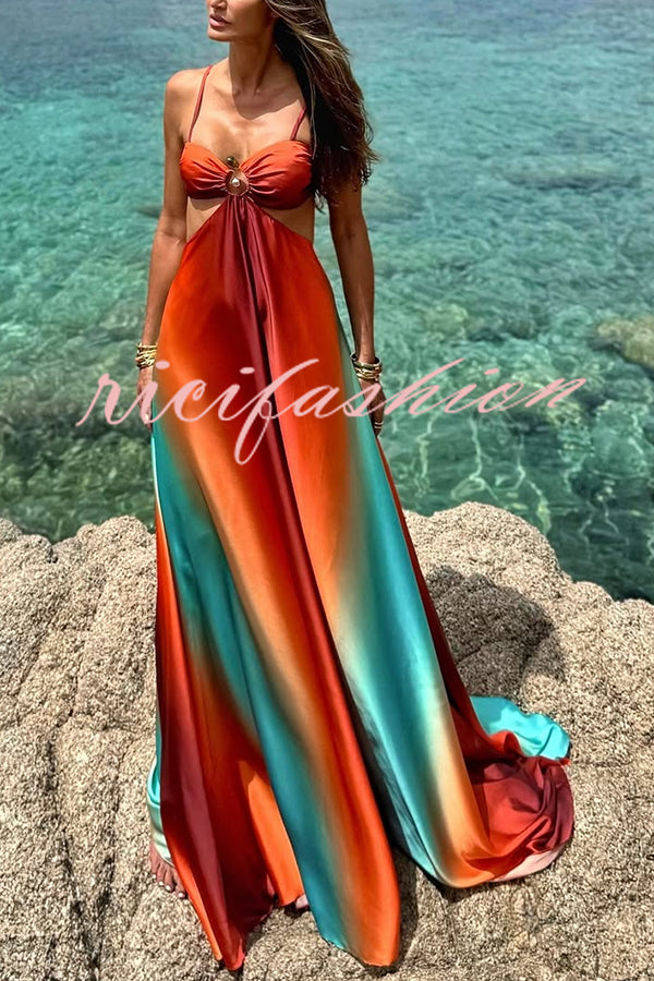 Neon Sunset Printed Metal Decoration Cutout Back Tie-up Vacation Maxi Dress