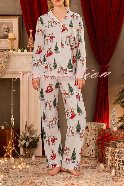 Christmas Holiday Print Long Sleeve Pocket Top and Elastic Waist Loose Pants Set