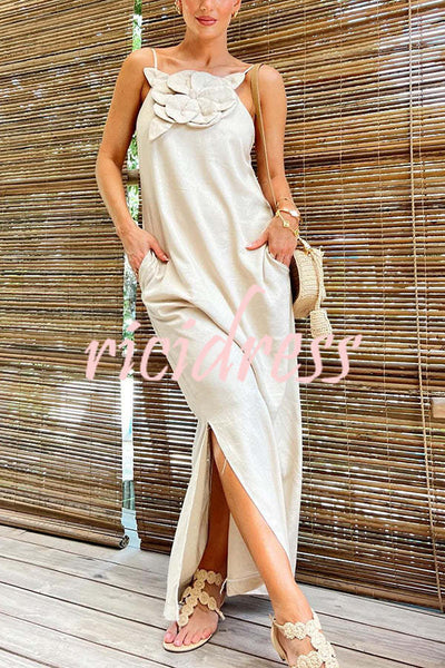 Vacay Ready Linen Blend Floral Embellishment Pocketed Slit Maxi Dress