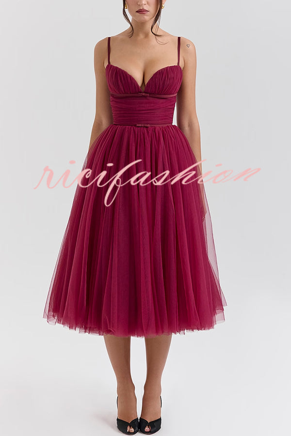 Royal Treatment Tulle Bows Detail Ruched Slip Midi Dress