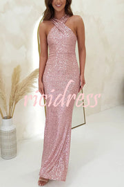 Time To Sparkle Sequin Cross Halter Neck Backless Maxi Dress