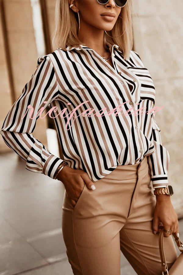 Stripe Print Casual Pocket All-match Shirt