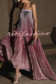 Gorgeous Styling Satin Pleated Elastic Bust Strapless A-line Gown Maxi Dress