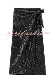 Crushing on You Sequin High Rise Wrap Tie-up Slit Midi Skirt