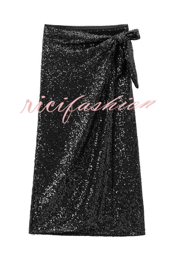 Crushing on You Sequin High Rise Wrap Tie-up Slit Midi Skirt