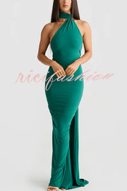 Sexy Backless Pleated Slim Solid Color Sleeveless Elegant Maxi Dress