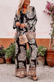 Unique Ethnic Print Loose Long-sleeved Shirt and Elastic Waist Pocket Straight Pants Set