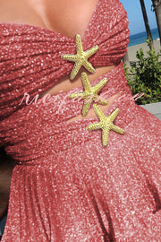 Little Mermaid Glitter Fabric Metal Starfish Hollow Layered Stretch One-piece Swimsuit