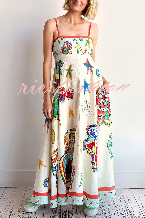 Miami Happy Hour Linen Blend Unique Print Smocked Back Pocketed Midi Dress